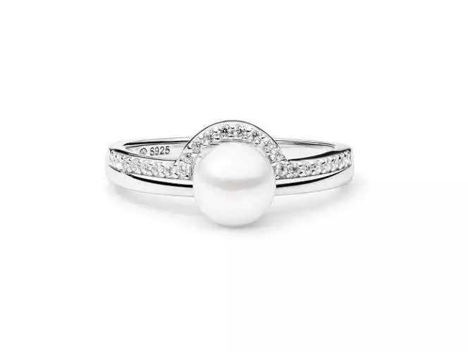 Perlenring weiß 7.5-8 mm umfasst mit Zirkonia, 925er rhodiniertes Silber, Gaura Pearls, Estland
